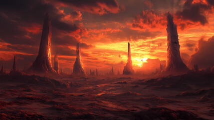 Wall Mural - Dramatic epic sunset over an alien planet landscape. science fiction cityscape with fantasy towers creating an awe inspiring and ominous mood