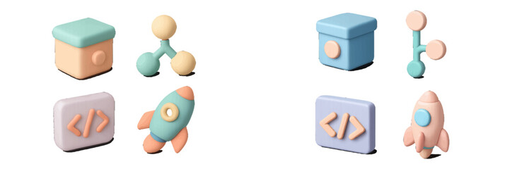Pastel colored three dimensional icons for technology and business concepts, featuring data box, molecular structure, code tag, and rocket symbols