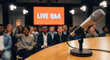 © TanTin - 'LIVE Q&A' Session Microphone Set On Stage, Diverse Audience In Business Conference Room, Workshop, Political Gathering, Corporate Meeting. World Press Freedom Day, International Public Speaking Day