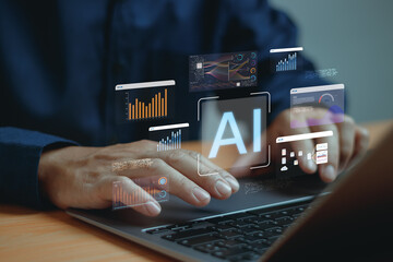 Hands typing on laptop with artificial intelligence interface and data visualization dashboard. Concept of AI analytics, business intelligence, technology innovation and machine learning