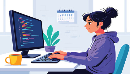 Vector Illustration of a Female Programmer Coding at Her Desk