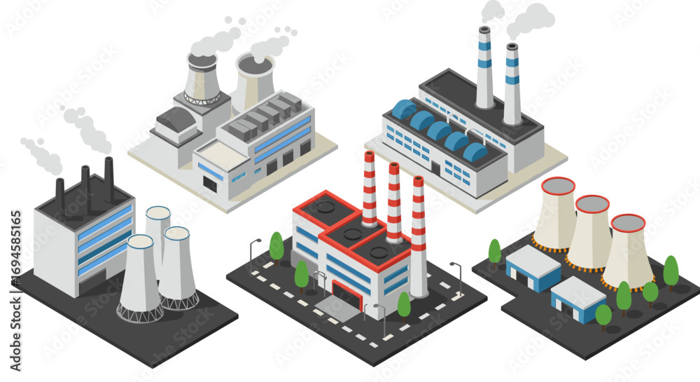 Diverse isometric industrial factory set with modern architecture Stock ...
