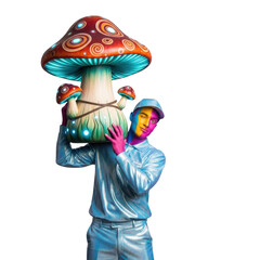 Illuminated giant mushroom sculpture held by a person in vibrant colorful lighting transparent background
