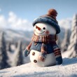 © baymissal - A cheerful snowman with a colorful hat and scarf stands in a snowy winter landscape with trees