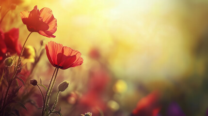Wall Mural - meadow with red poppies blue sky in the background
