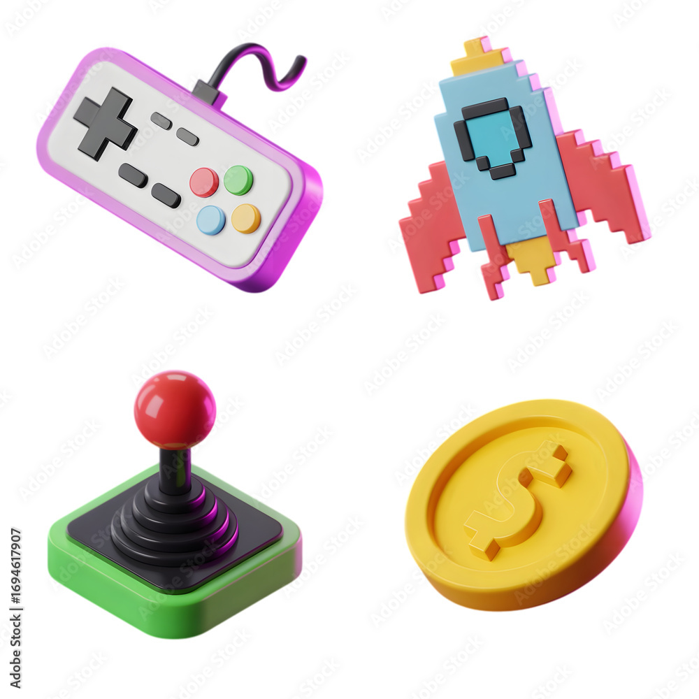 Retro 3d pixel art game icons featuring controller joystick rocket coin ...
