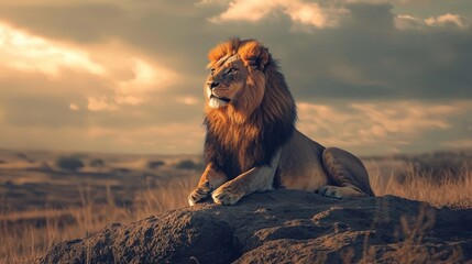 Wall Mural - A majestic lion sits on a rocky outcrop in a vast, open savanna landscape, with a dramatic sky filled with clouds and a warm, golden hue.