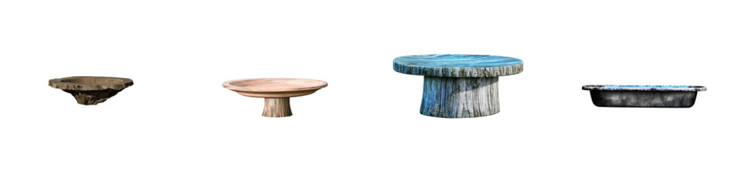 Four stone and wood vessels with transparent background, cut out