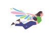 © Flash Vector - Happy girl flying on colorful wings in blue sky with clouds vector illustration. Cartoon cute free teen character dreaming about freedom and flight like bird, daydream and inspiration concept
