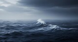 A dramatic seascape featuring a large wave cresting under a stormy sky, conveying the power and beauty of natures turbulent forces