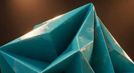 Abstract Teal Geometric Sculpture with Dotted Edges on Dark Backdrop