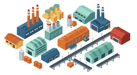 Isometric factory buildings and warehouses with conveyor belts