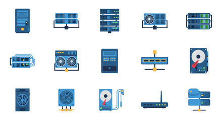 Modern flat icons of networking and server equipment for digital infrastructure