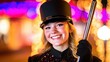 © chusnul - Young female performer in a festive uniform smiles brightly with colorful lights in the background