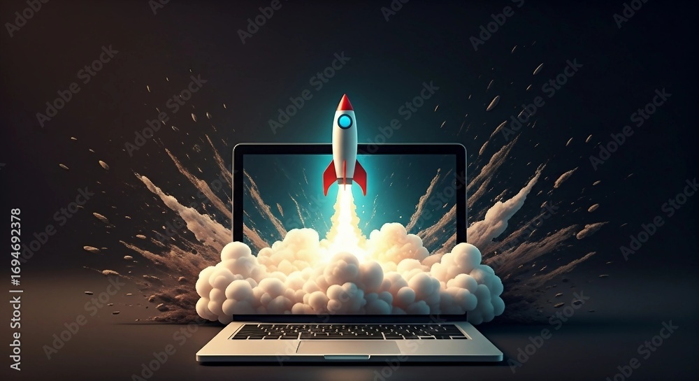 Rocket Launching From Laptop Screen | Startup Business Concept for ...