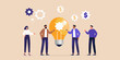 © Partha - Diverse team collaborating on a bright idea with gears and dollar signs representing innovation and profit