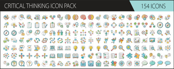 Critical thinking icons set for education and analysis - Collection of 154 colorful critical thinking icons representing problem solving, brainstorming, analysis, logic, research, decision making