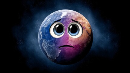 Wall Mural - A sad face with blue and pink eyes is shown on a black background. The face is a representation of the Earth, and the blue and pink colors represent the different continents