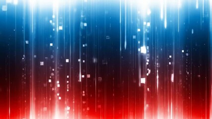 Wall Mural - Abstract digital rain of glowing squares and lines cascades down from a bright blue sky into a fiery red abyss, creating a futuristic and energetic atmosphere