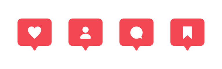 Social media icons set, red heart like notification, user profile alert, chat message bubble, bookmark save button, flat design, Vector illustration