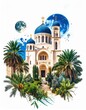 © irvan - Iconic temple with palm trees and celestial spheres in artistic composition