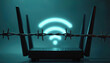 © Viktor - Conceptual image of Wi-Fi router blocked by barbed wire. Symbolizes digital divide, cyber security issues, and restricted internet access. Neon blue Wi-Fi signal glows behind sharp metallic barrier.