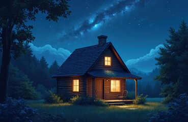 Wall Mural - Cozy wooden cabin nestled under starry night sky, Milky Way stretching across cosmos. Warm light emanates from windows, illuminating forest surroundings, grassy field. Fantasy landscape evokes