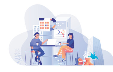 Wall Mural - Business meeting concept for modern web design. People brainstorming and talking, working in team at project, cooperating and collaborating. Flat vector illustration isolated on white background.