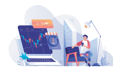 Wall Mural - Cryptocurrency marketplace concept for modern web design. People analysing crypto market trends in app, buying and selling bitcoins from laptop. Flat vector illustration isolated on white background.