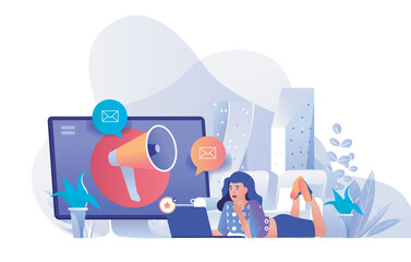 Wall Mural - Digital marketing concept for modern web design. People making social media promotion, woman crating promo email messages with advertisement. Flat vector illustration isolated on white background.