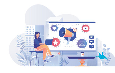 Wall Mural - social media marketing concept for modern web design. people making online advertising campaign for 