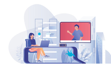 Wall Mural - video conference concept for modern web design. people communication online, woman and man talking i