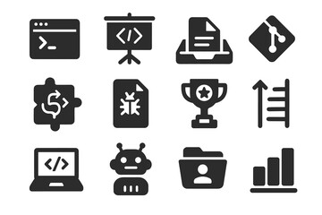Programming and development solid icon set. code, software, tech collection