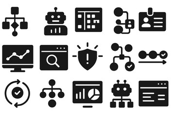 Technology, ai silhouette icon set. data, network, analysis silhouette collection