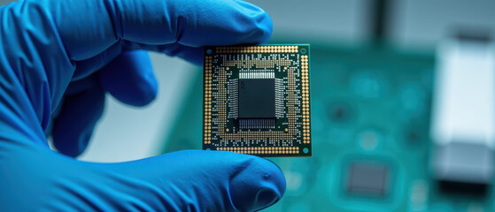Person wearing blue glove holds microchip, showcasing intricate circuitry and design. background features green circuit board, emphasizing