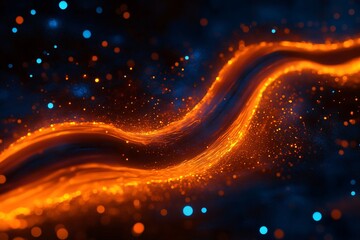 Wall Mural - Abstract glowing orange wave against a dark blue background with bokeh effect.