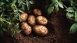 © traitip - Freshly dug potatoes lying in rich brown soil, earthy textures against green foliage