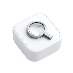 3D rendered square icon.  A white square button with a silver magnifying glass centered on it