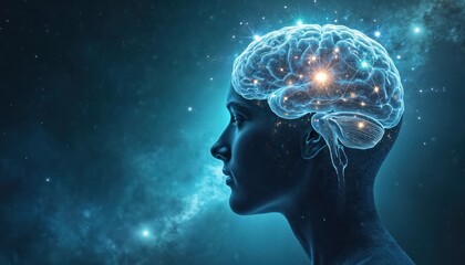 Wall Mural - Illustration of a human head profile with glowing celestial brain connected to starry expanse. Visualize universal consciousness, abstract cosmic energy, and infinite intelligence.