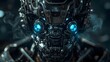 © Oleksandr - A striking, forward-facing close-up of a futuristic robot or cyborg, its complex mechanical head illuminated by bright, glowing blue eyes with wisps of smoke or steam rising around it