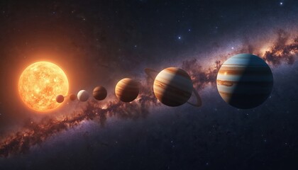 Wall Mural - Solar System planets align with Milky Way galaxy backdrop. Sun to Jupiter depicted in cosmic space. Celestial bodies in orbit showcase universe structure. Astrophysics concept. Outer space