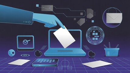 Digital data entry concept with hand placing card into laptop, technology and communication icons