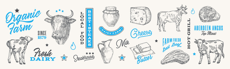 Wall Mural - Cow farm hand drawn food vector symbols illustration with typography compositions. Dairy and meat logo silhouette signs with cows, beef steaks, cheese and milk collection Butchery design elements set