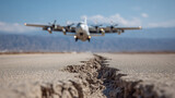 Heavy rubber wear on runway line, asphalt cracks detailed in close view, military cargo plane blurred in the background, giving cinematic sense of scale