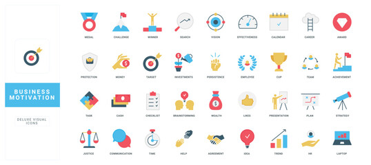Business motivation, HR strategy, efficiency of career challenge, incentives for growth, development color icon set. Persistence and confident winner on top of podium, flat vector illustration