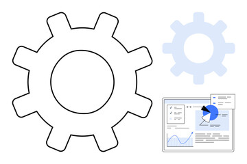 Large gear alongside a smaller faded gear and data visualization interface with graphs. Ideal for automation, engineering, workflow, optimization, productivity, analysis, technology, simple landing