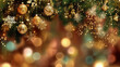 © Anastasiia Havelia - On a green and gold New Year's background, hanging branches of Christmas trees with balls, empty space for text belowChristmas background.