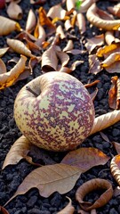 Wall Mural - ripe yellow apple resting on dark soil, surrounded by dry autumn leaves, bathed in warm golden sunli
