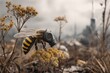 © silver bug - A bee wearing a gas mask perches on a dried flower in a desolate landscape. The haunting image evokes environmental decay, survival, and dystopian themes. Ecosystem pollution concept.