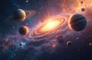 Wall Mural - Vibrant solar system poster displays planets orbiting central glowing galaxy. Cosmic nebula clouds in shades of orange, pink, blue create stunning universe backdrop. Educational illustration for